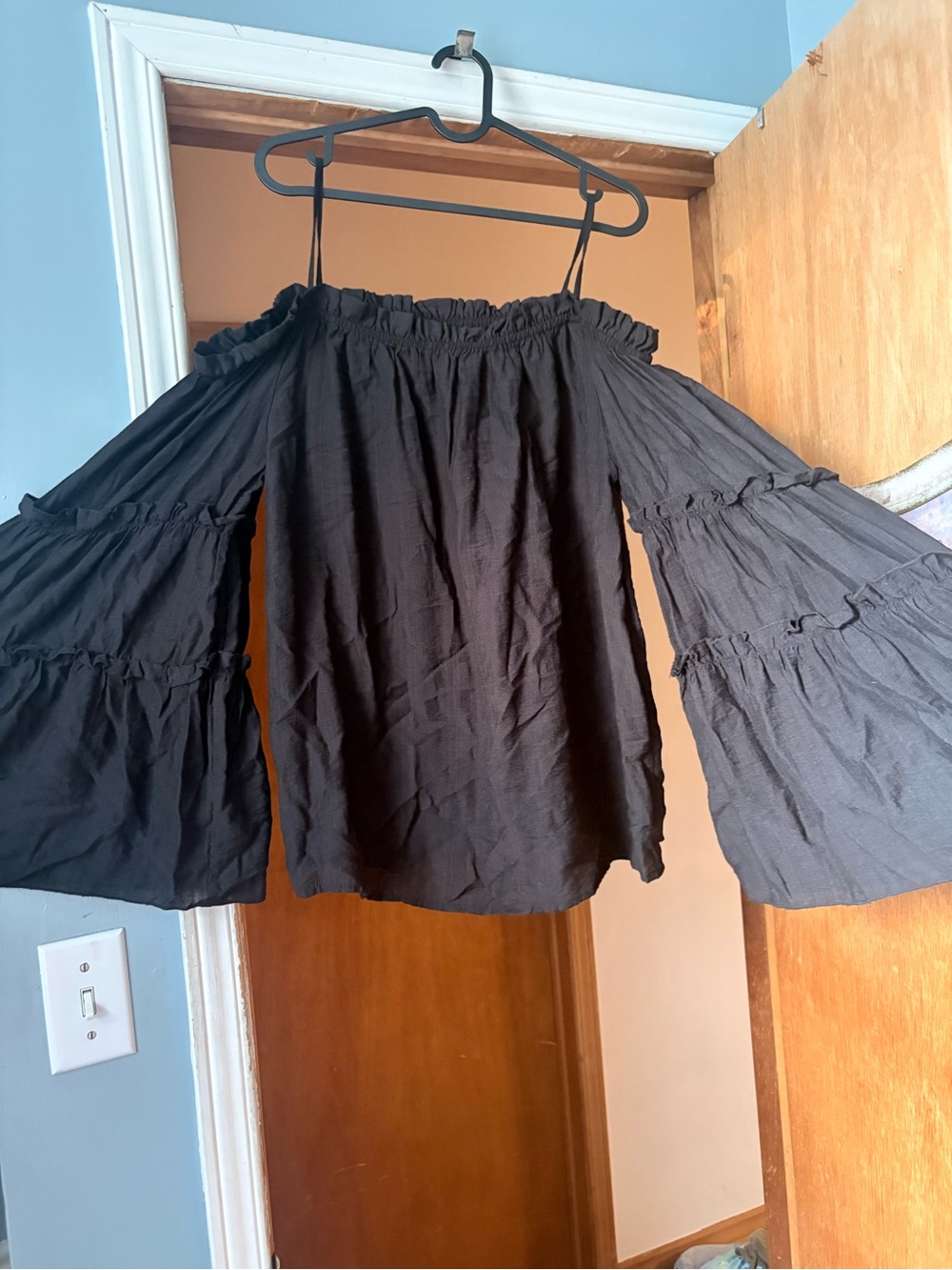 Black Off-Shoulder Ruffle Bell Sleeve Top